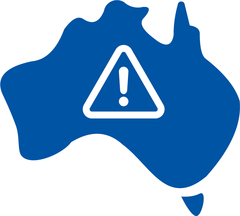 Outline of australia with warning sign/exclemation mark inside