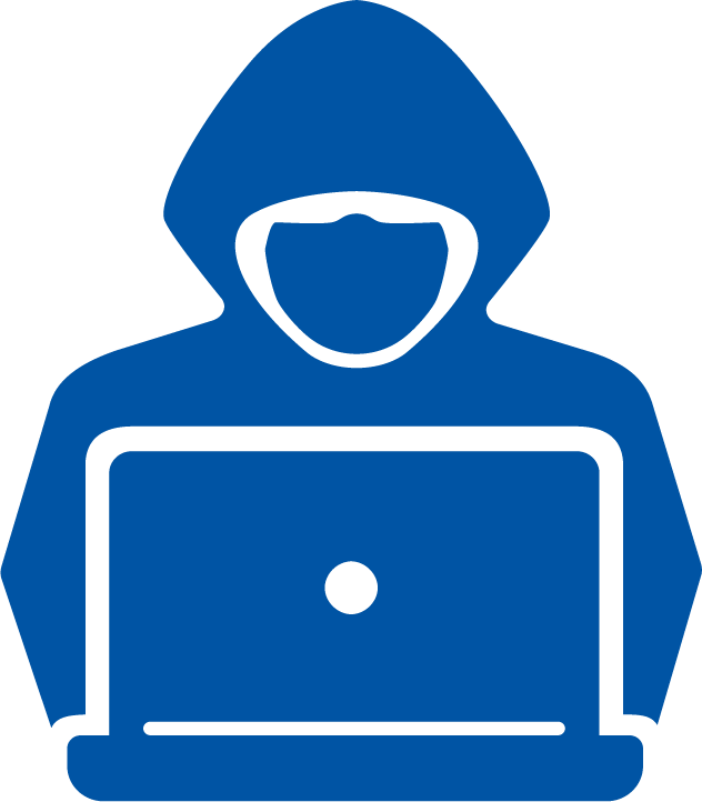 Icon of hooded figure behind a laptop computer