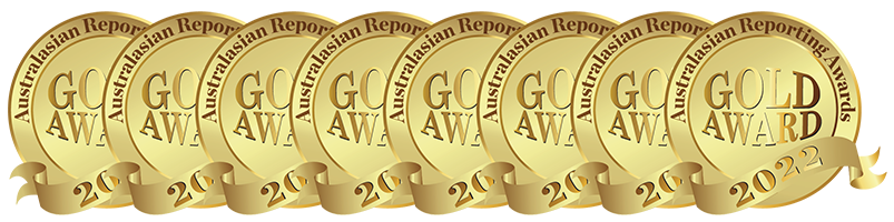 Image of 8 overlapping gold Australasian Reporting Awards. The last one also shows the year 2022. 