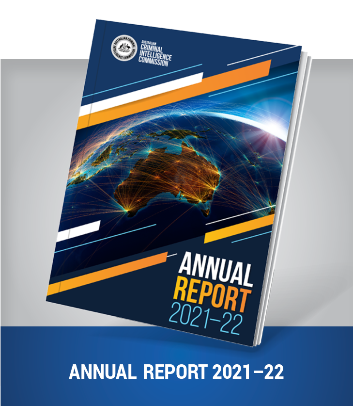 Cover of the ACIC Annual Report 2021–22. The cover has a portion of the globe focussed on Ausrtalian and Yellow, white and blue diagonal  design elements