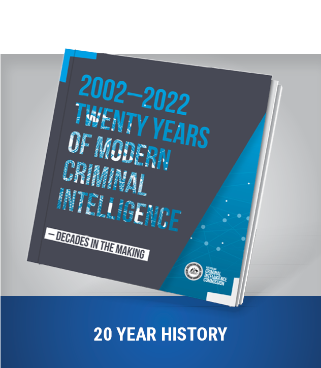 Cover of the 20 years of modern criminal intelligence book. Grey background with blue writing.