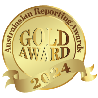 A gold medal with text Australasian Reporting Awards, Gold Award, 2024.