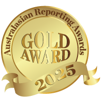 A gold medal with text Australasian Reporting Awards, Gold Award, 2025.