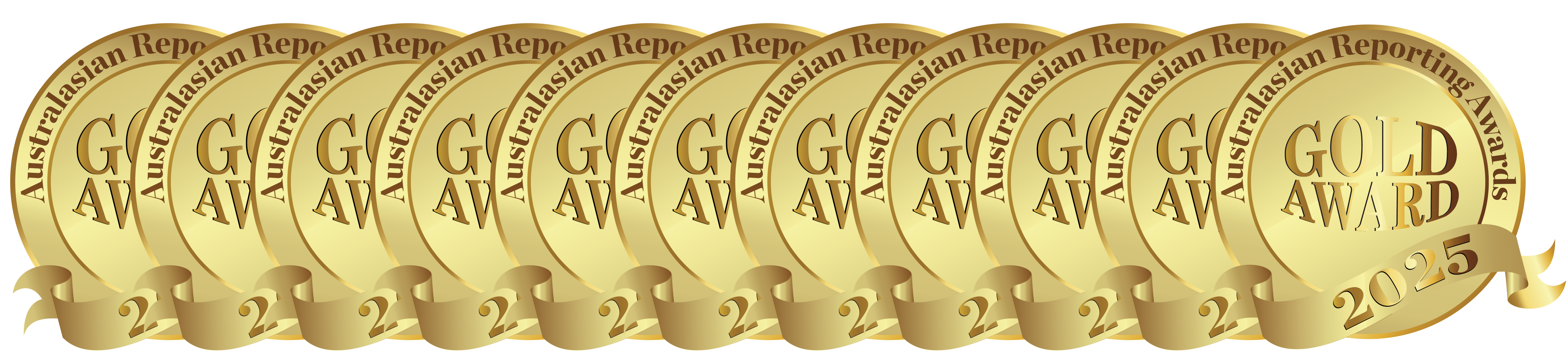 11 gold medals are stacked on top of each other. The text on the front one reads Australasian Reporting Awards, Gold Award, 2025.