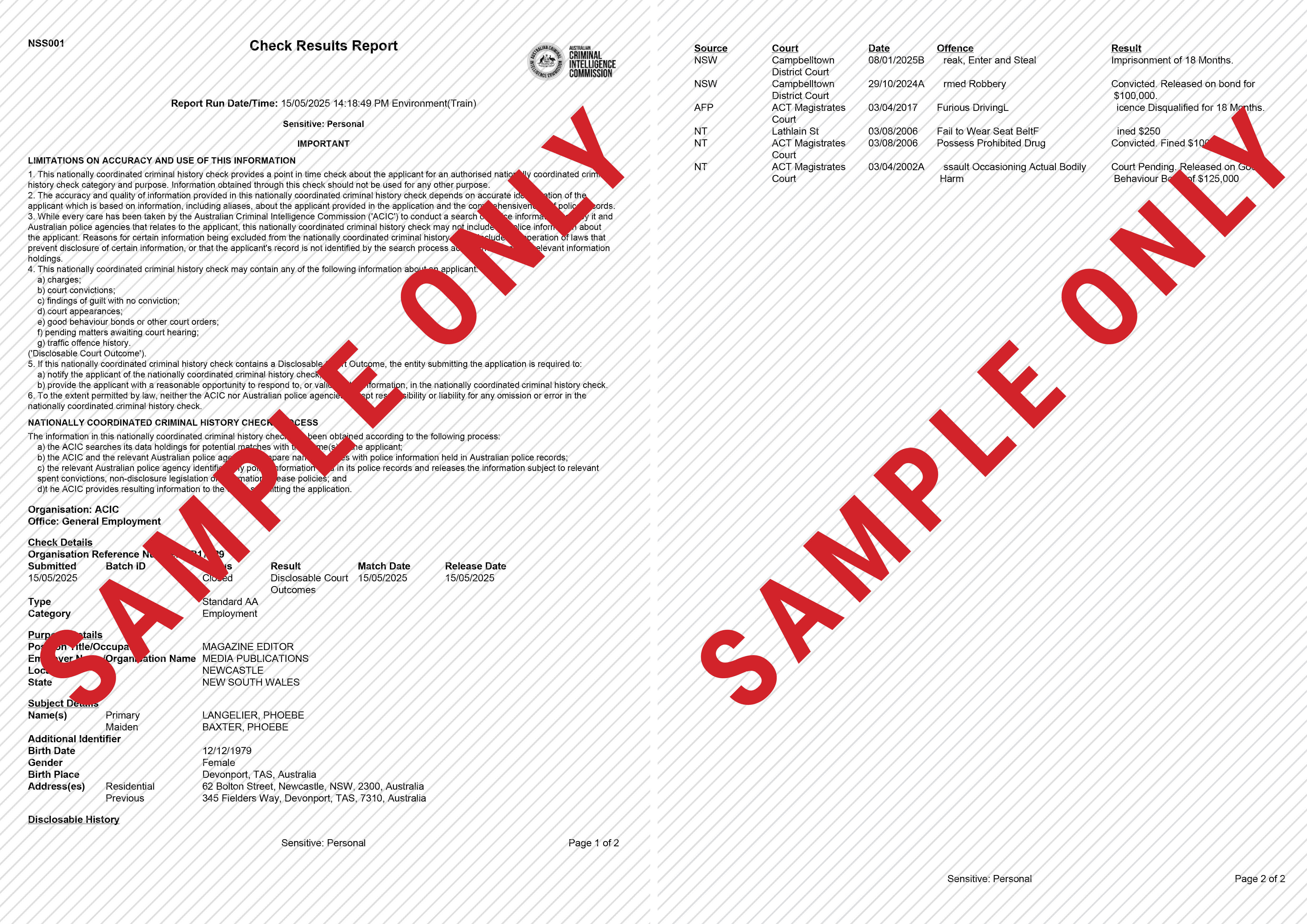 An example police check results report. An alternative version is available at the link below.