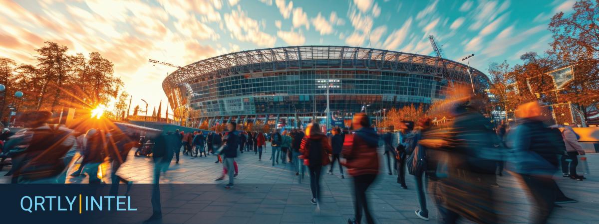 A crowd of people are streaming into a stadium at sunset. Text overlay reads QRTLY | INTEL