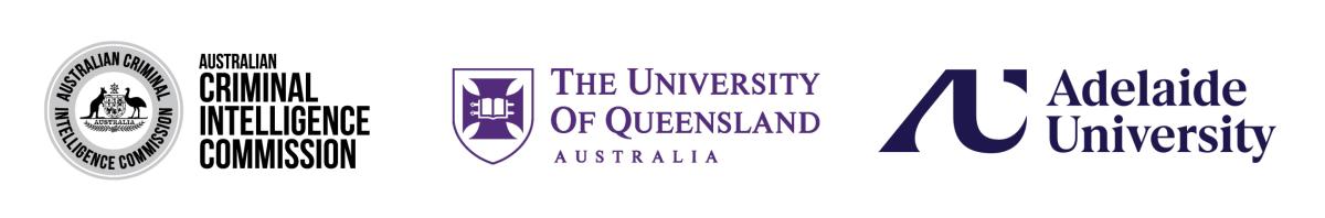 Logos of the Australian Criminal Intelligence Commission, The University of Queensland and the Adelaide University