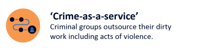 Text reads ‘Crime-as-a-service’ - Criminal groups outsource their dirty work including acts of violence.