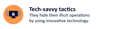 Text reads Tech-savvy tactics - They hide their illicit operations by using innovative technology.